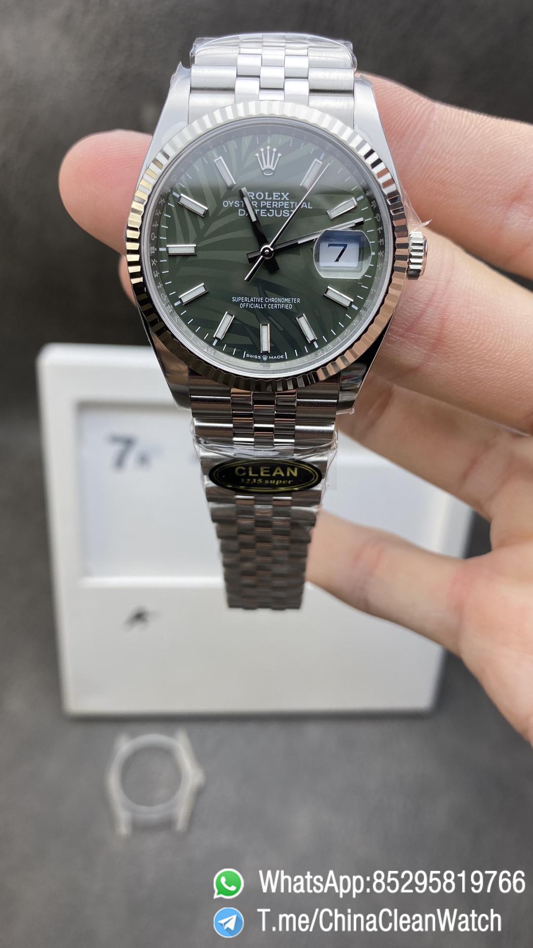 Clean Factory DateJust 36 126234 Olive Green Palm motif Dial Green Leaf Dial 904L Steel on Jubilee Bracelet VR3235 Clean Factory DateJust 36 126234 Olive Green Palm motif Dial Green Leaf Dial 904L Steel on Jubilee Bracelet VR3235